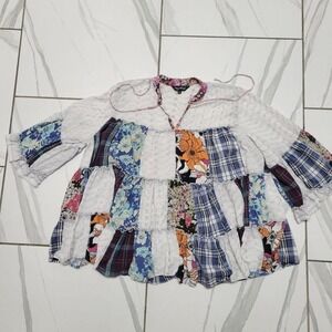 Boho Patchwork Long Sleeve Peasant Top - White Multicolor